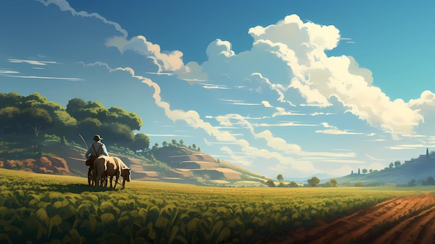 Ilustração de um agricultor a trabalhar numa quinta rural
