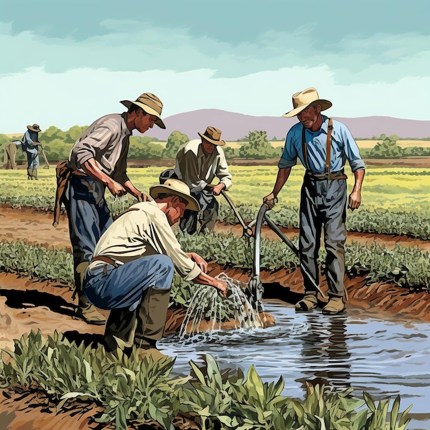 ilustração de um agricultor ou grupo de agricultores trabalhando em uma irrigação