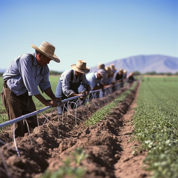 ilustração de um agricultor ou grupo de agricultores trabalhando em uma irrigação