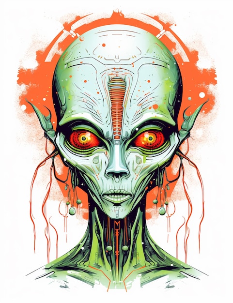 Ilustração de um alienígena verde com olhos vermelhos e um olho vermelho generativo ai