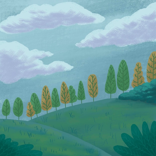 ilustração de um amplo campo com árvores e nuvens livro infantil