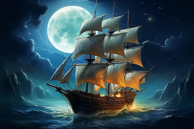 Ilustração de um antigo navio navegando sob a lua cheia