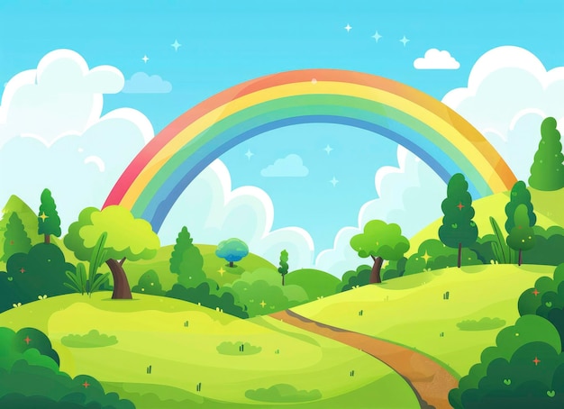ilustração de um arco-íris de desenho animado sobre colinas verdes com árvores e uma estrada com um fundo simples
