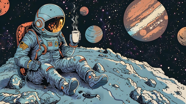 Ilustração de um astronauta de desenho animado a beber uma chávena de café no espaço.