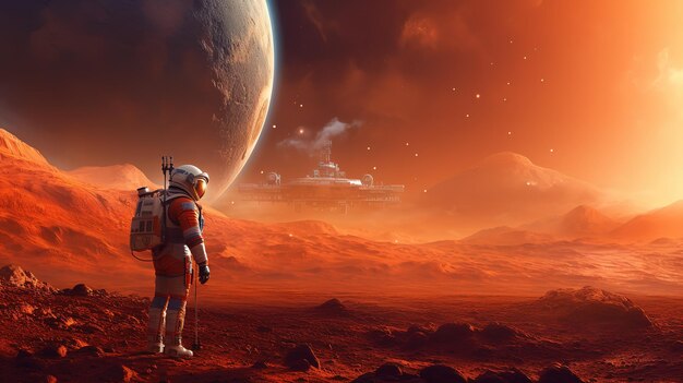 Ilustração de um astronauta em frente a Mars Generative AI