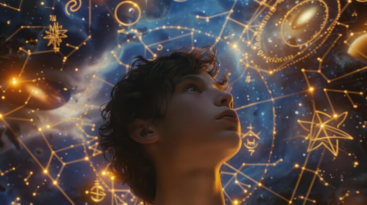 Ilustração de um astrônomo mais jovem olhando para um universo estrelado