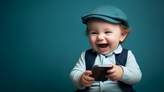 Ilustração de um bebê bonito e feliz segurando um smartphone Rindo Natura
