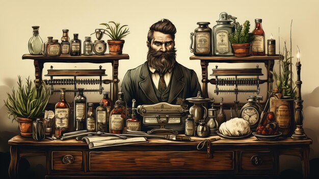 Foto ilustração de um belo homem barbudo com barba longa e bigode em rosto sério sentado em uma mesa de madeira vintage com vários itens vintage.