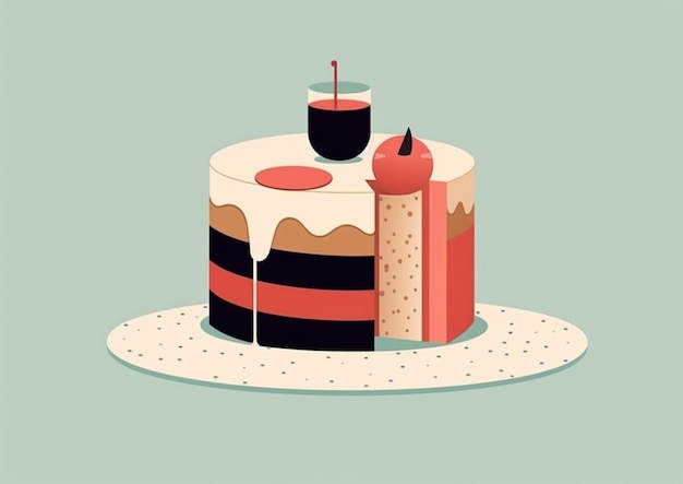Ilustração de um bolo com uma fatia ausente e um copo de vinho no topo