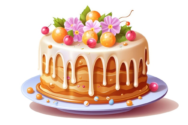 Ilustração de um bolo de aniversário com creme e frutas em um fundo branco