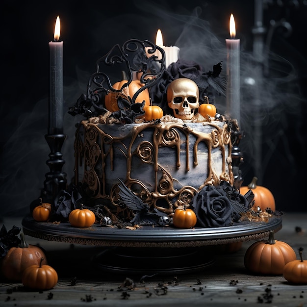 ilustração de um bolo de Halloween elegante e lindo na mesa fotográfica