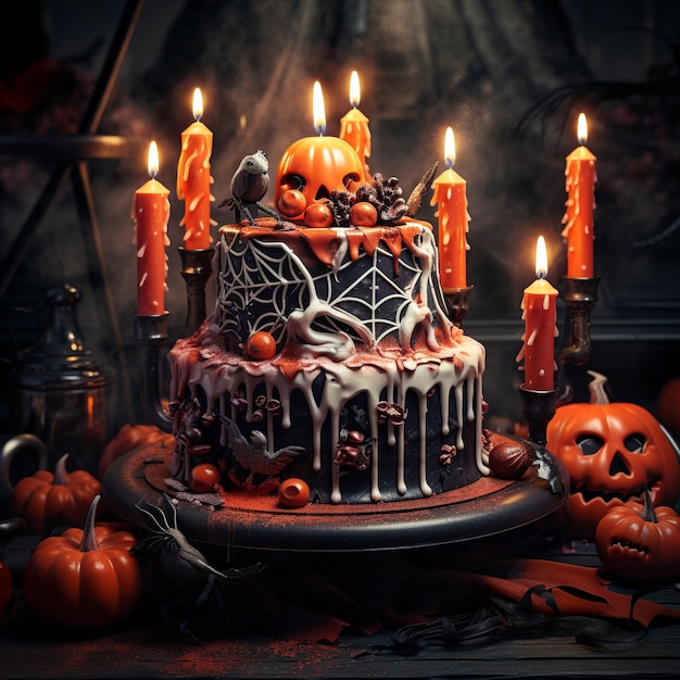 Foto ilustração de um bolo de halloween elegante e lindo na mesa fotográfica