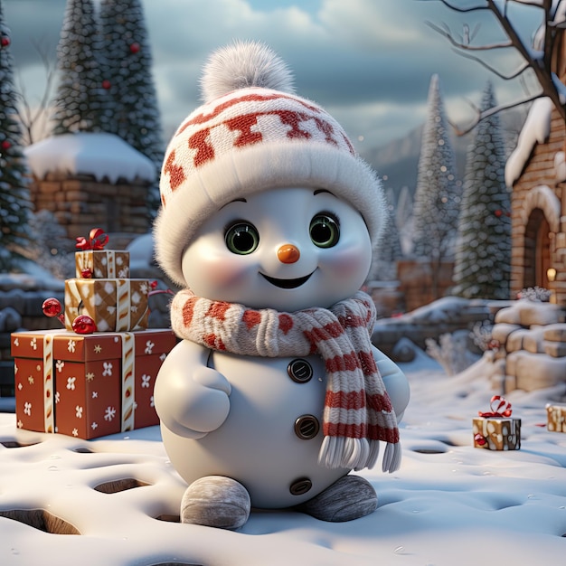 Ilustração de um boneco de neve 3D com fundo de Natal gerado pela IA