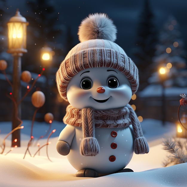 Ilustração de um boneco de neve 3D com fundo de Natal gerado pela IA