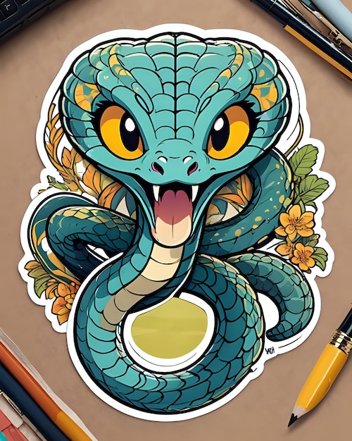 Ilustração de um bonito adesivo Cobra com cores vibrantes e uma expressão lúdica