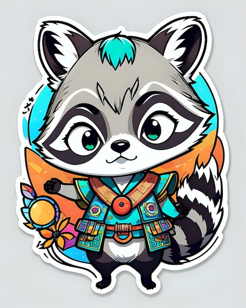 Ilustração de um bonito adesivo Racoon com cores vibrantes e uma expressão lúdica