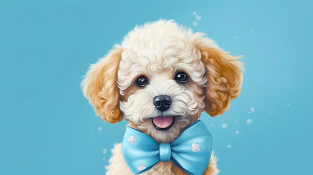 Foto ilustração de um bonito cachorrinho de maltipoo em um fundo azul com espaço de cópia