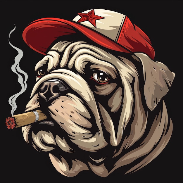 ilustração de um bulldog vestindo um boné de beisebol fumando um charuto