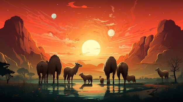 Foto ilustração de um camelo no deserto para o fundo do eid