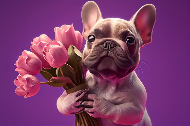 Ilustração de um cão bonito dando flores em fundo rosa