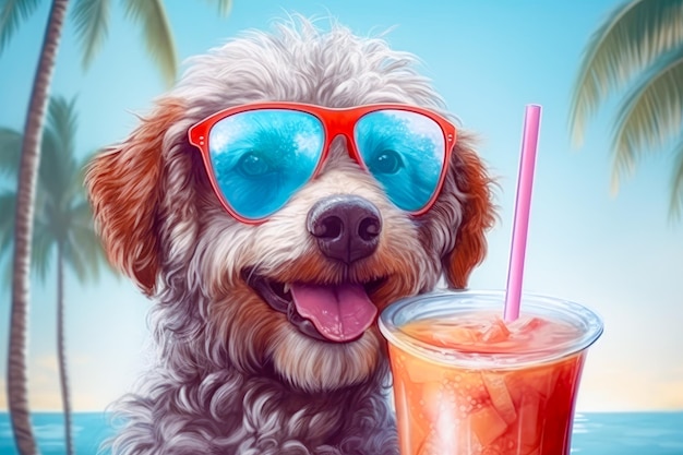 Ilustração de um cão feliz usando óculos de sol com um cocktail engraçado bandeira humorística férias de verão