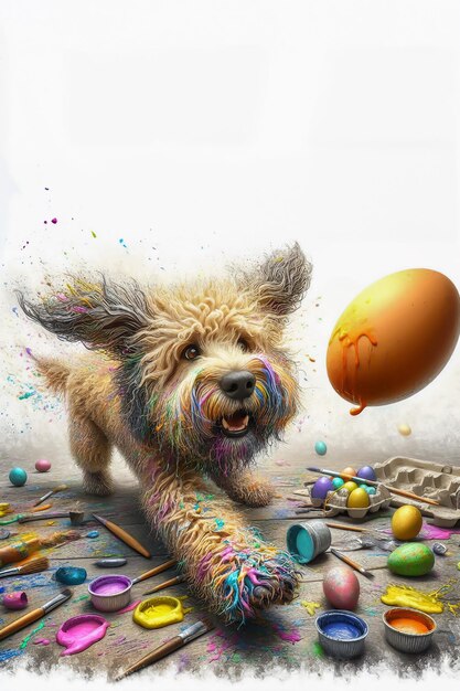 Foto ilustração de um cão goldendoodle com salpicaduras de pintura tentando pegar ovos de páscoa pintados voando