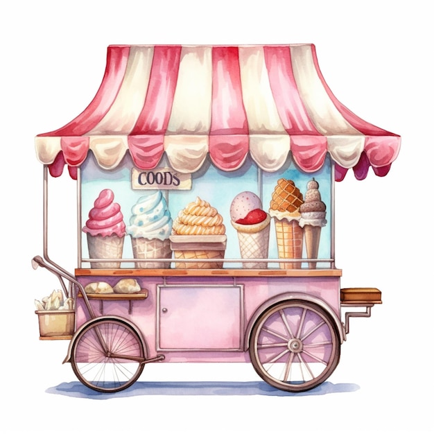 Ilustração de um carrinho de sorvete em aquarela com uma bicicleta generativa ai