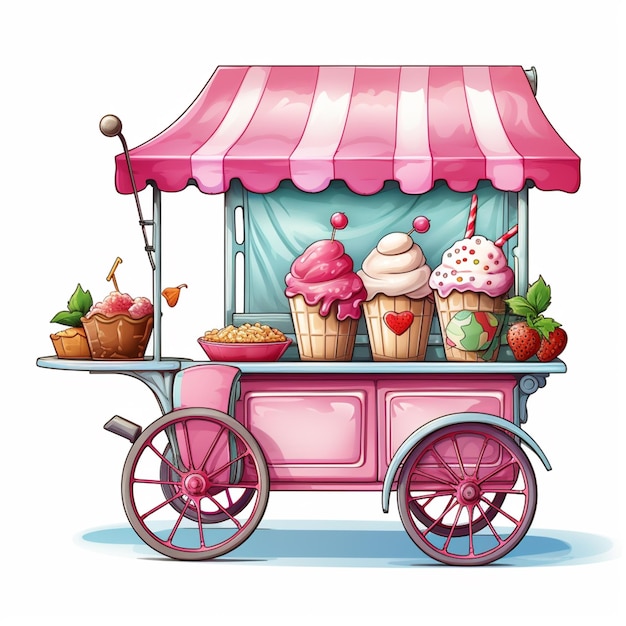 Ilustração de um carrinho de sorvete rosa com cupcakes e muffins ai generativa