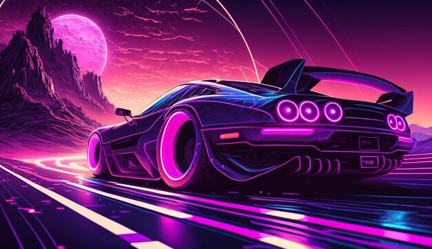 ilustração de um carro futurista em um fundo roxo Ilustrador de IA generativa