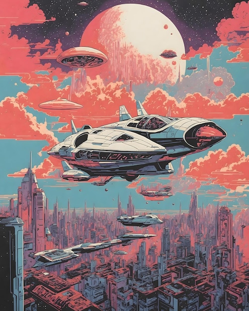 Foto ilustração de um cartaz risografado de uma nave espacial de sci-fi dos anos 70 voando sobre uma paisagem urbana