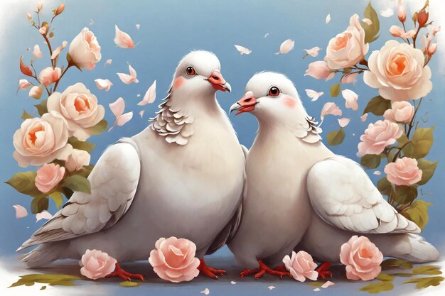 Ilustração de um casal de pombos apaixonados conceito dia dos namorados