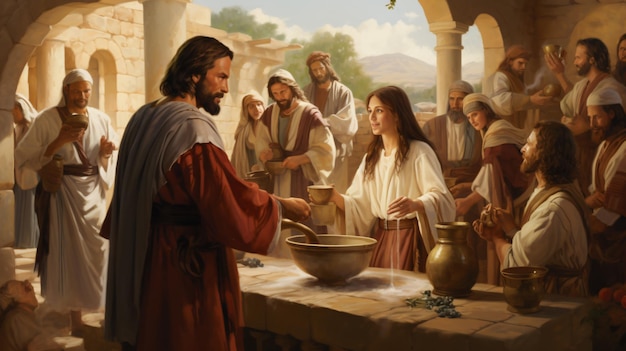 Ilustração de um casamento em Cana com Jesus virando-se