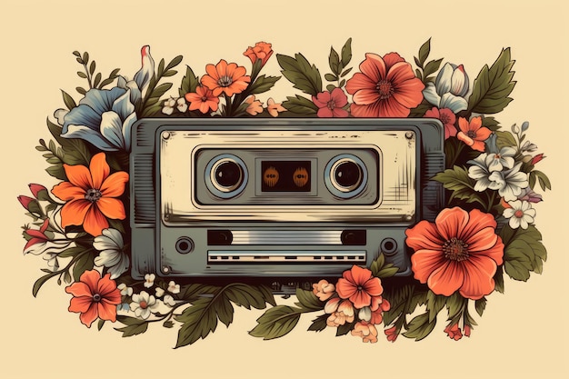 Ilustração de um cassete de música retro coberto de flores