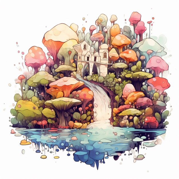 Ilustração de um castelo cercado por árvores e gerador de água ai