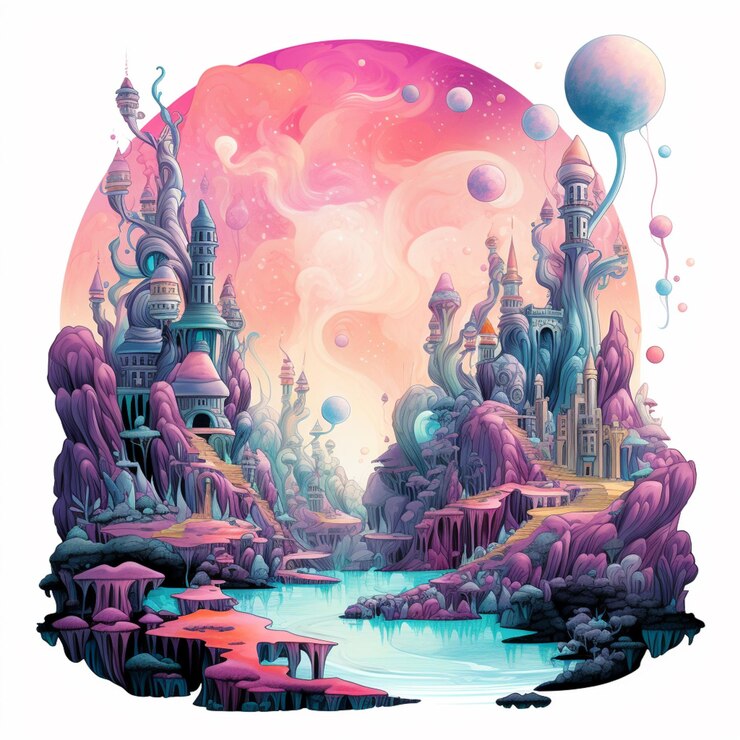 Foto ilustração de um castelo de fantasia cercado por um lago e um céu rosa gerador de ia