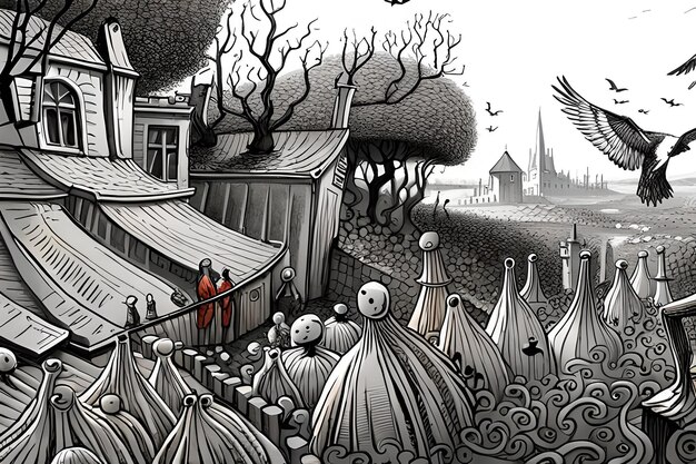 Ilustração de um castelo de horror gótico que se parece com algo de um livro de imagens