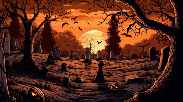 Foto ilustração de um cemitério no halloween em cores vivas de tons marrons medo horror