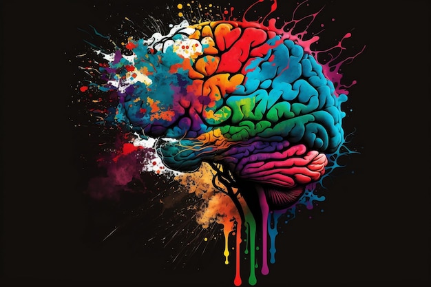 Ilustração de um cérebro explosivo vibrante representando a criatividade e um conceito alucinante Generative Ai
