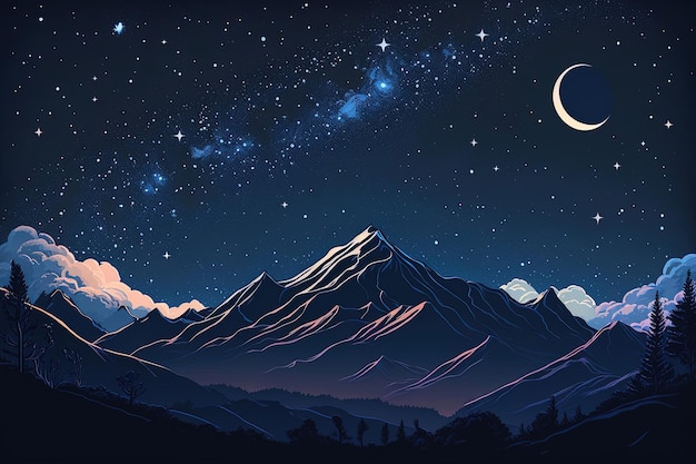 Ilustração de um céu noturno com estrelas, lua e constelações.