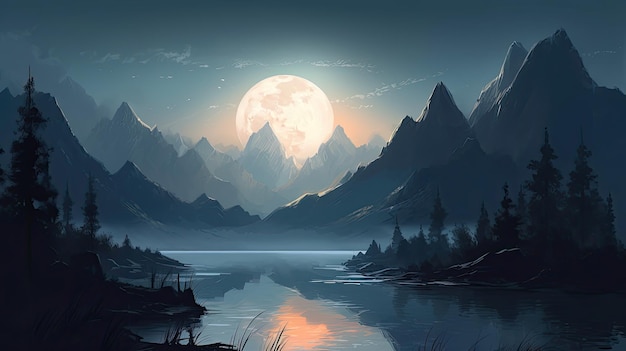 Ilustração de um céu noturno iluminado pela lua e montanhas em silhueta no fundo em primeiro plano