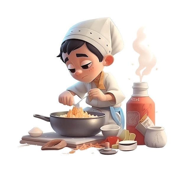 Ilustração de um chef fofo cozinhando na cozinha com ingredientes ao seu redor