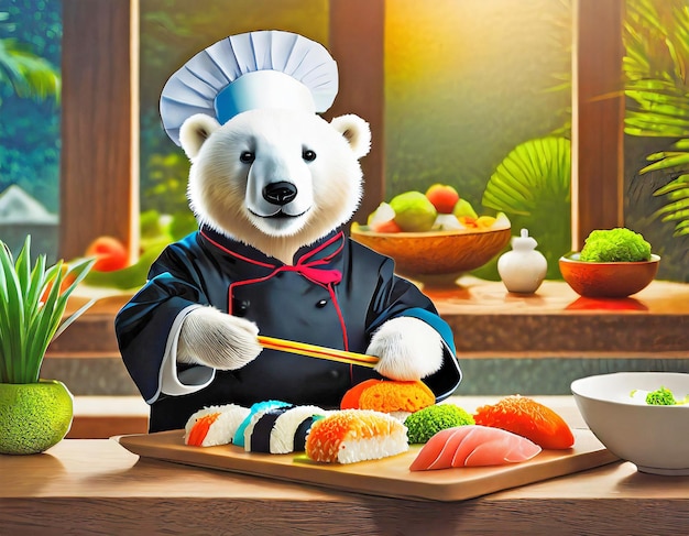 Ilustração de um chefe de urso polar feliz terminando um prato de sushi na cozinha