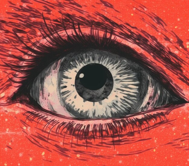 Foto ilustração de um close-up do olho de uma pessoa com um fundo vermelho