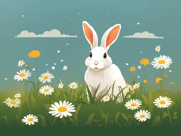 ilustração de um coelho de pé em um campo e margaridas