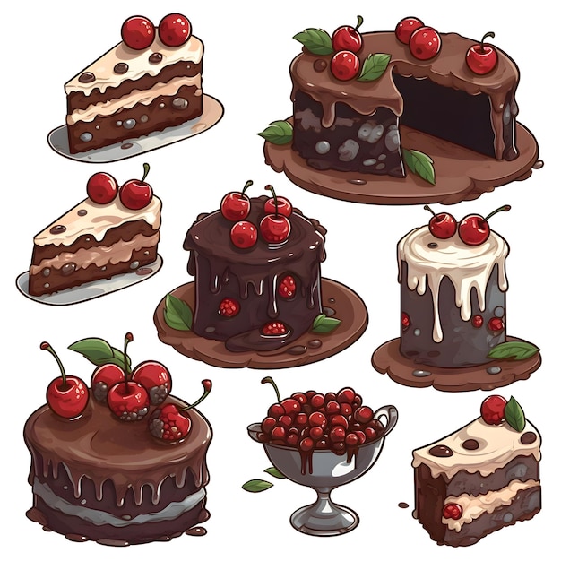 Ilustração de um conjunto de bolos de chocolate com cerejas em um fundo branco