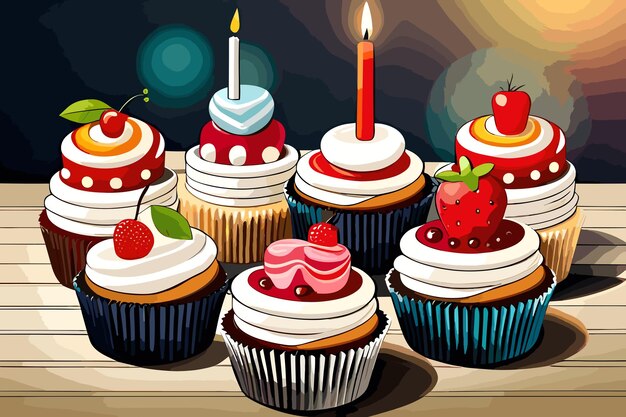 Ilustração de um conjunto de cupcakes com morangos cereja e velas ao fundo saboroso