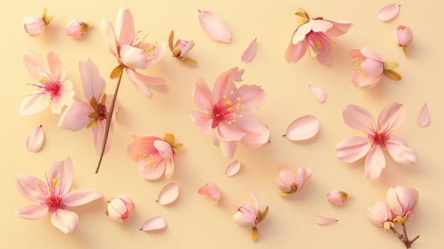 Ilustração de um conjunto de flores de cerejeira isolado em um fundo amarelo pálido Inclui flores botões de flores pétalas e folhas