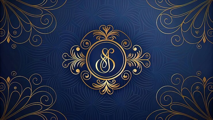 Foto ilustração de um convite sobre um fundo azul escuro com monogramas dourados em um estilo elegante res