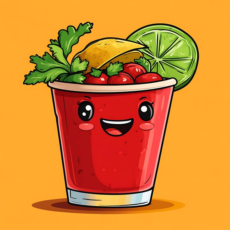 Foto ilustração de um copo de bloody mary com uma cara sorridente e guarnição