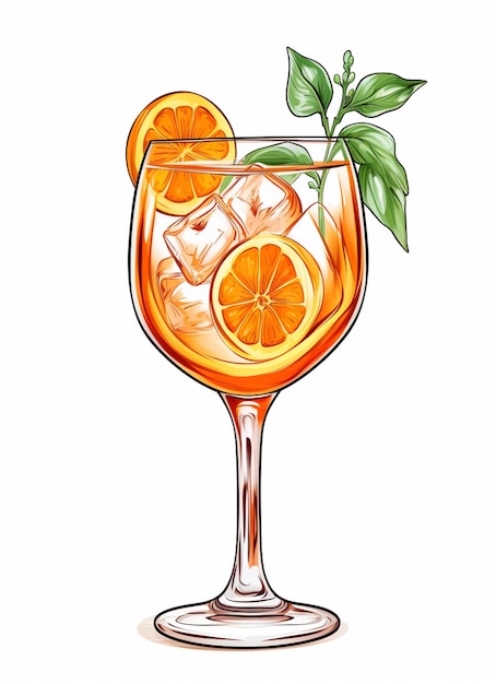 Ilustração de um copo de suco de laranja com cubos de gelo e uma fatia de laranjeira generativa ai